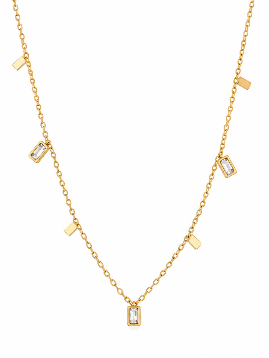 GOLD TONE STAINLESS STEEL NECKLACE WITH RECTANGULAR CRYSTAL CHARMS SN895